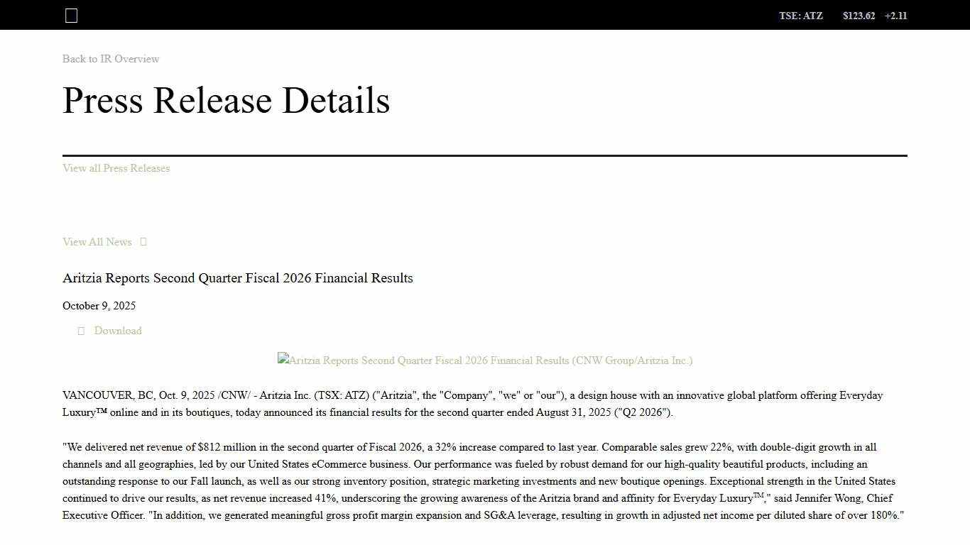 Aritzia Inc - Aritzia Reports Second Quarter Fiscal 2026 Financial Results